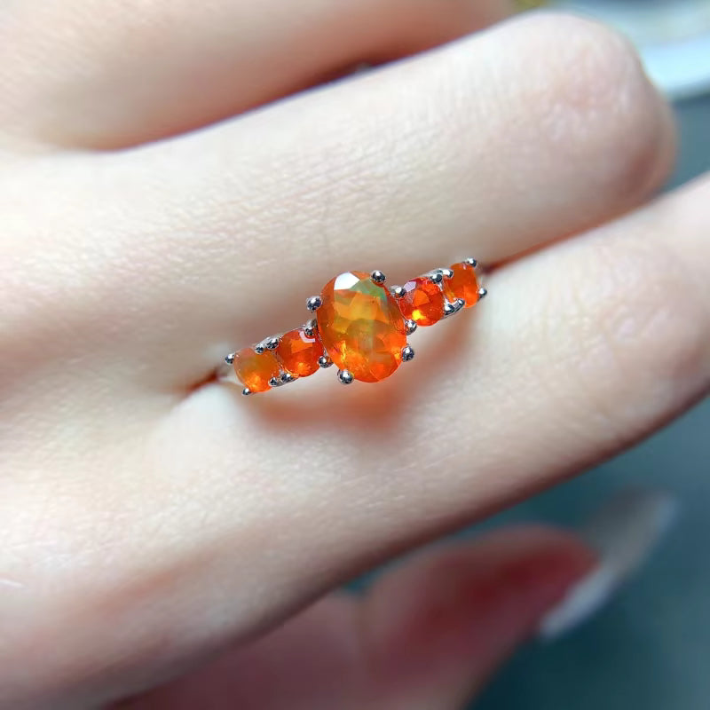 Natural Orange Fire Opal Band Ring 925 Sterling Silver 5x7mm