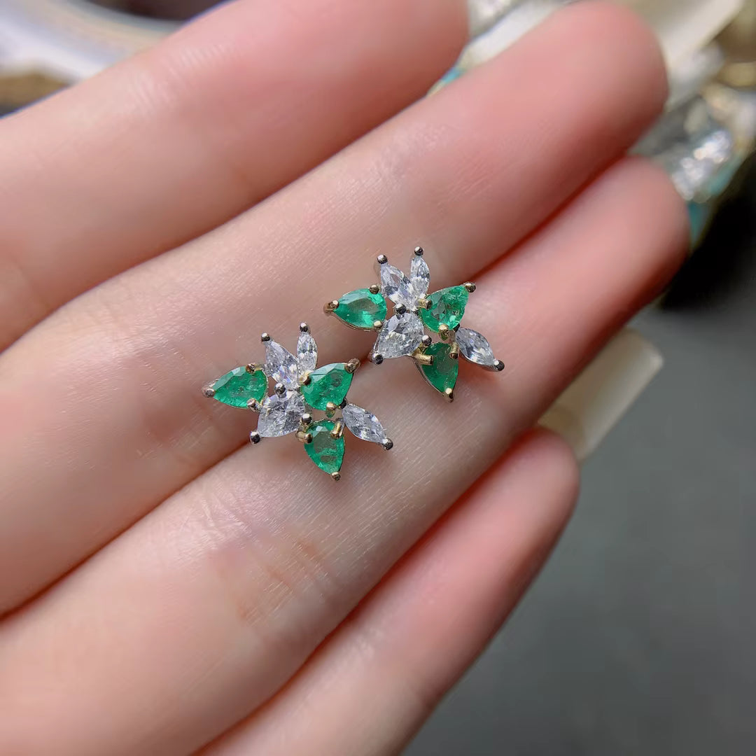 Natural Emerald Pear Cut Cluster Earrings 3x4mm VVS Grade