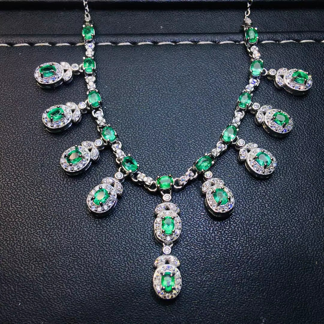 Natural Colombian Emerald Charm Necklace 4x6mm Platinum Plated Silver