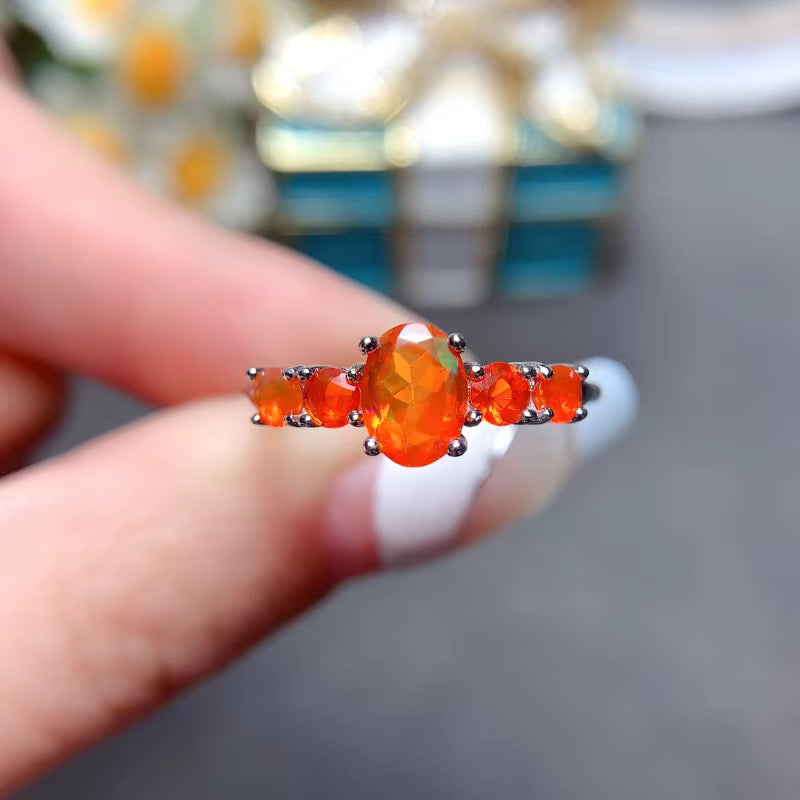 Natural Orange Fire Opal Band Ring 925 Sterling Silver 5x7mm