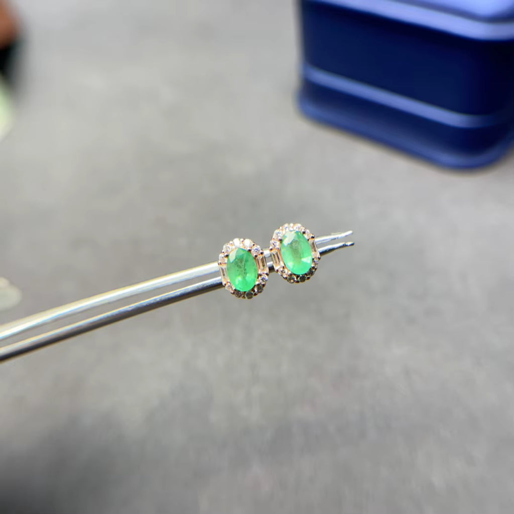 Natural Colombian Emerald Stud Earrings 4x6mm Platinum Plated