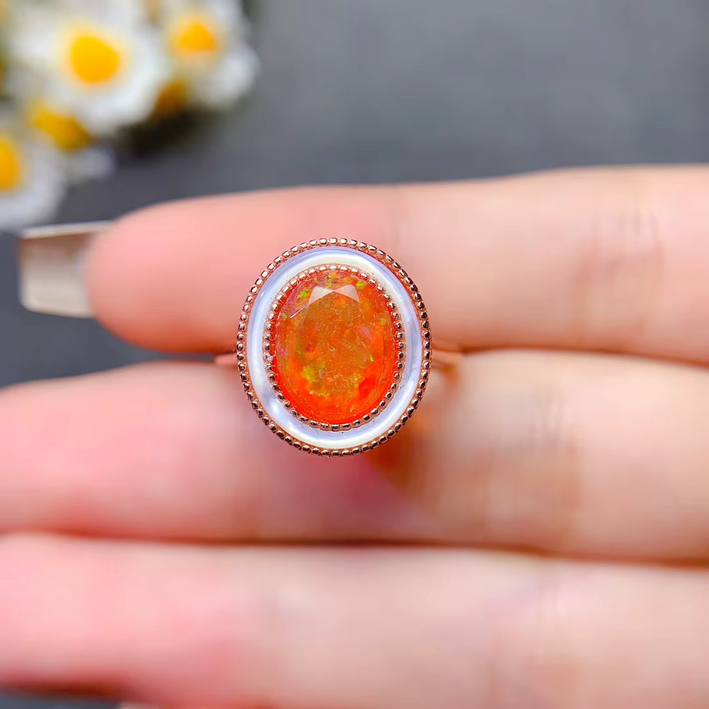 Natural Orange Fire Opal Gemstone Ring 925 Sterling Silver 8x10mm