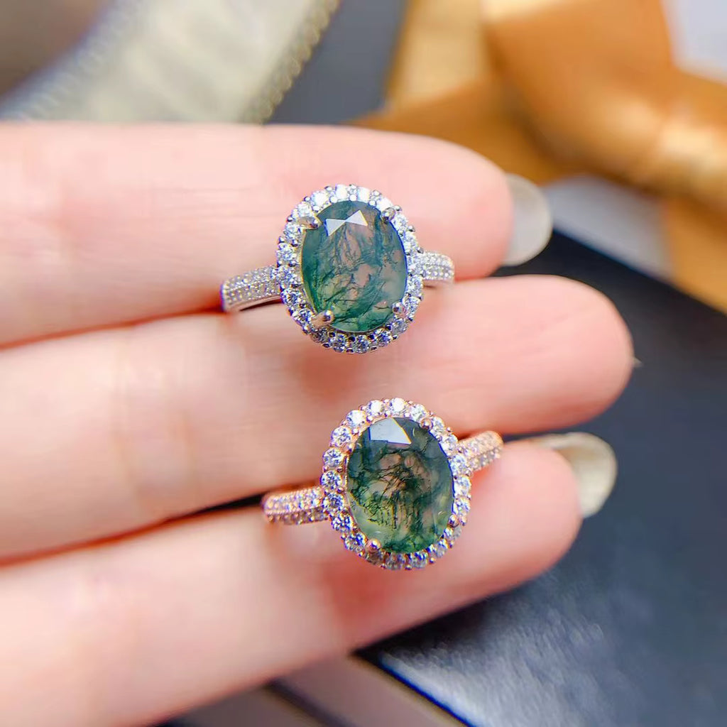 Natural Moss Agate Gemstone Ring 925 Sterling Silver 8x10mm