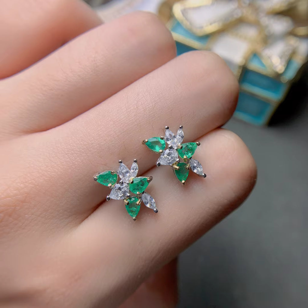 Natural Emerald Pear Cut Cluster Earrings 3x4mm VVS Grade