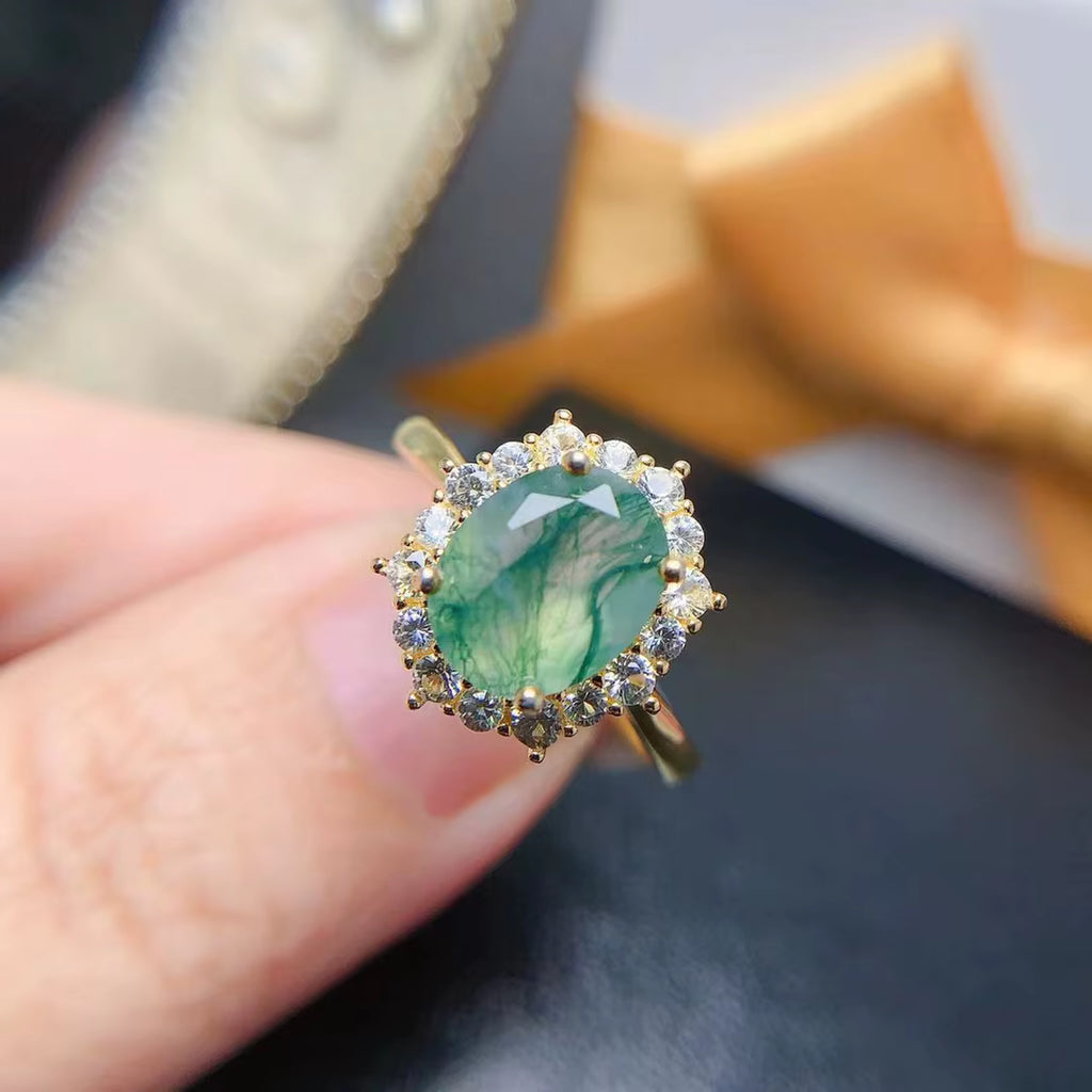 Moss Agate Cluster Ring 8x10mm 925 Sterling Silver