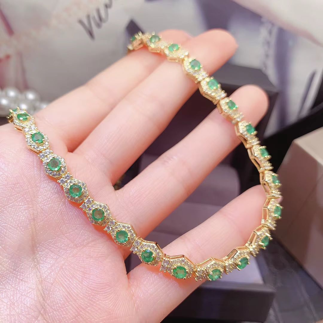 Natural Emerald Tennis Chain Necklace 4mm Gold Plated 925 Sterling Silver