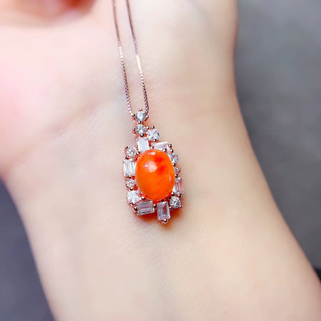 Colorful Orange Fire Opal Necklace, Natural Fire Opal Pendant Necklace 7x9mm