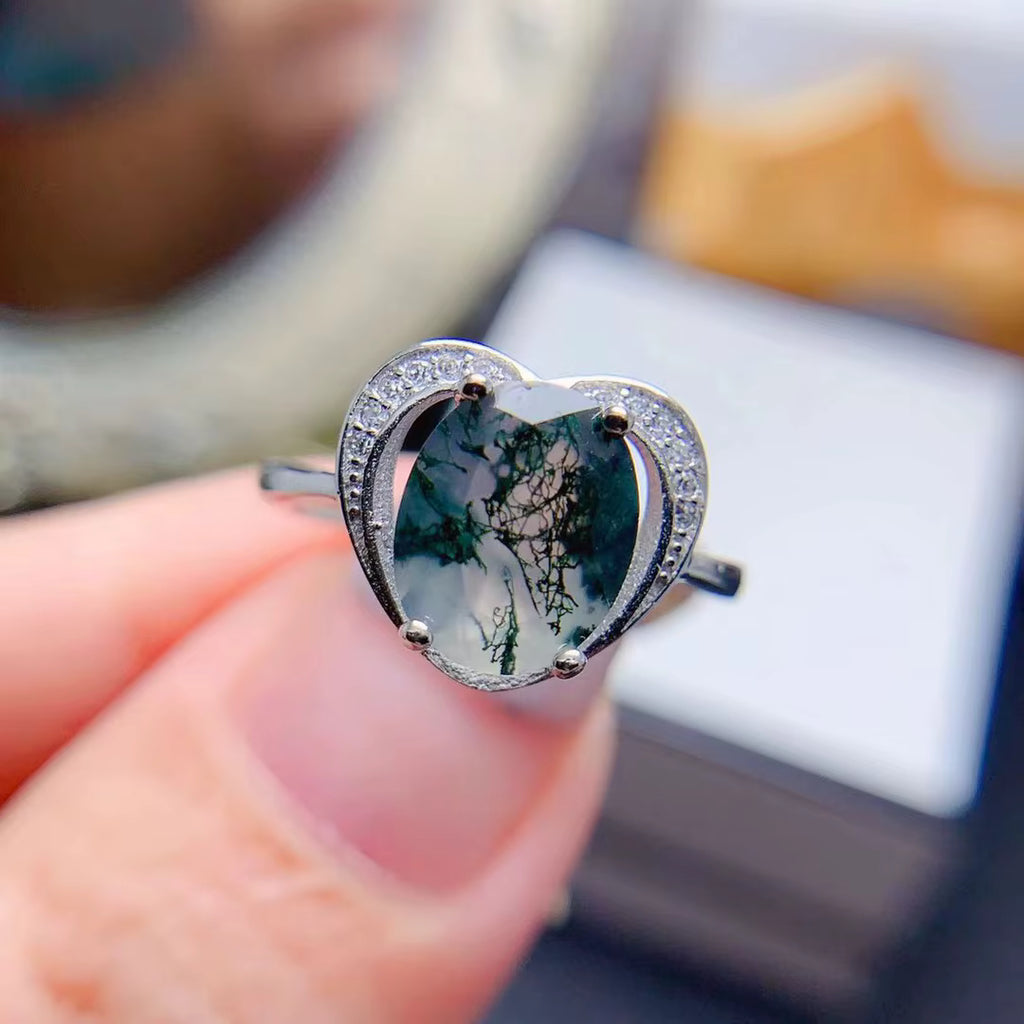 Moss Agate Gemstone Ring 8x10mm 925 Sterling Silver Platinum Plated