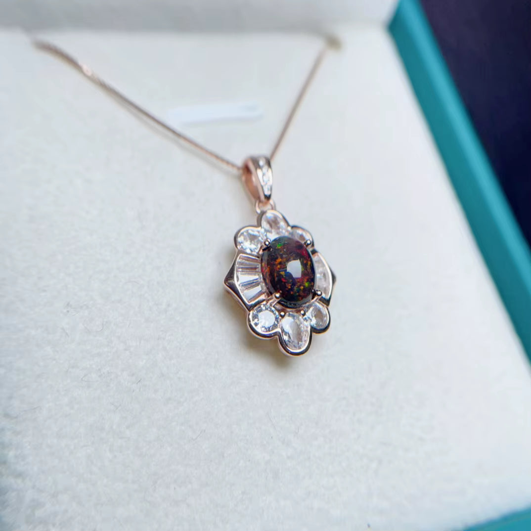 Colorful Black Opal Necklace, Natural Fire Opal Pendant Necklace