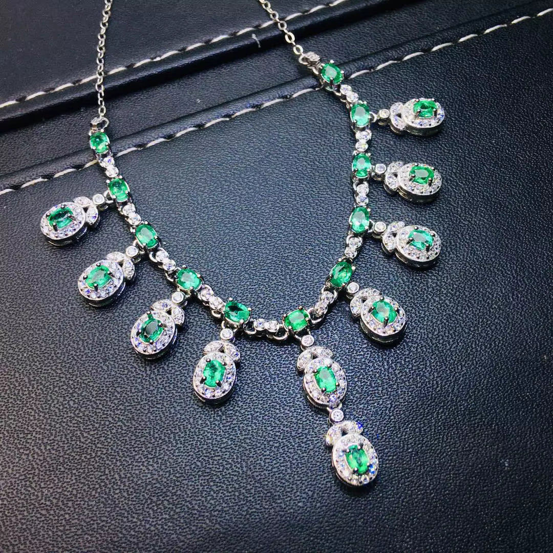 Natural Colombian Emerald Charm Necklace 4x6mm Platinum Plated Silver