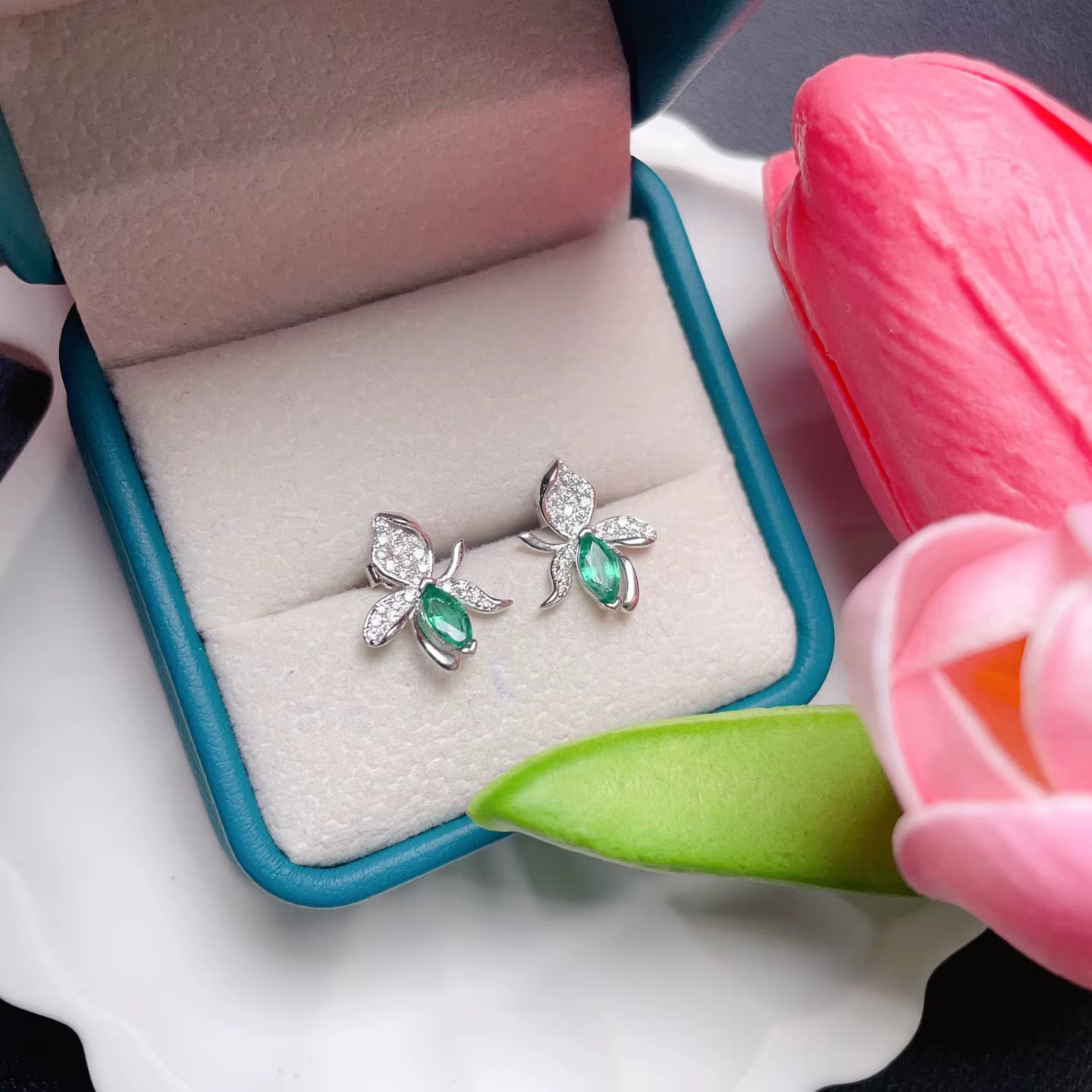 Natural Marquise Cut Emerald Stud Earrings 3x6mm 925 Sterling Silver