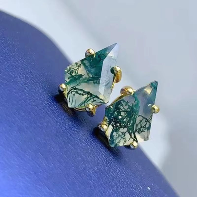 Kite Shaped Moss Agate Gemstone Earrings, Moss Agate Stud Earrings