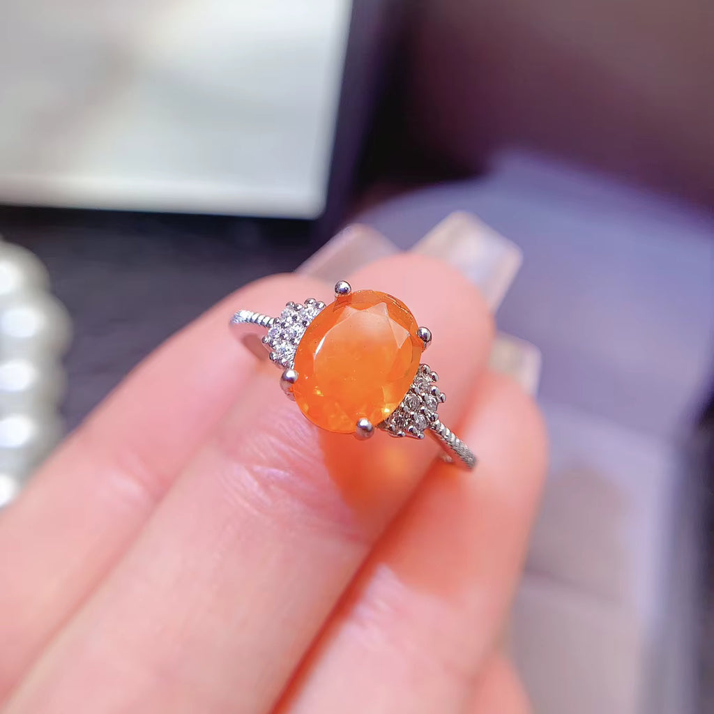 Natural Orange Fire Opal Band Ring 925 Sterling Silver 6x8mm
