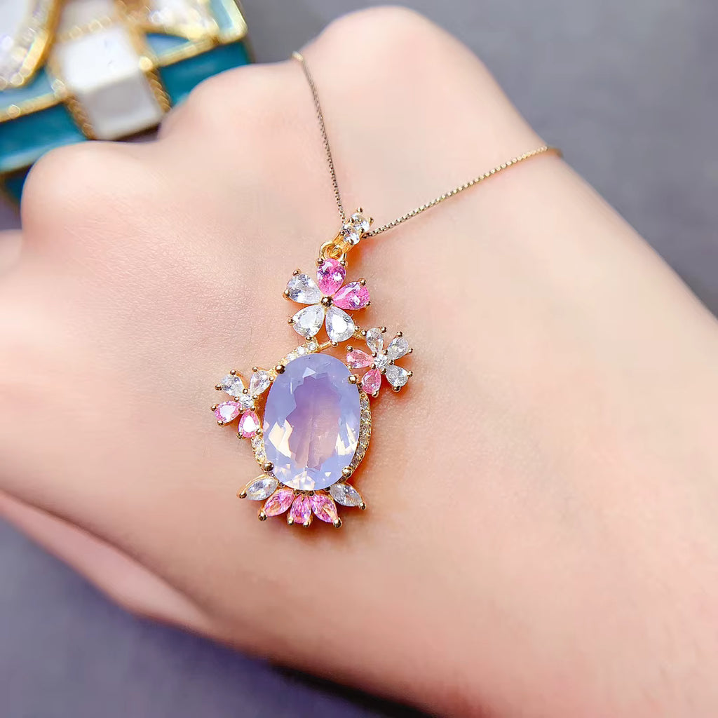 Natural Lavender Amethyst Floral Pendant Necklace 10x14mm