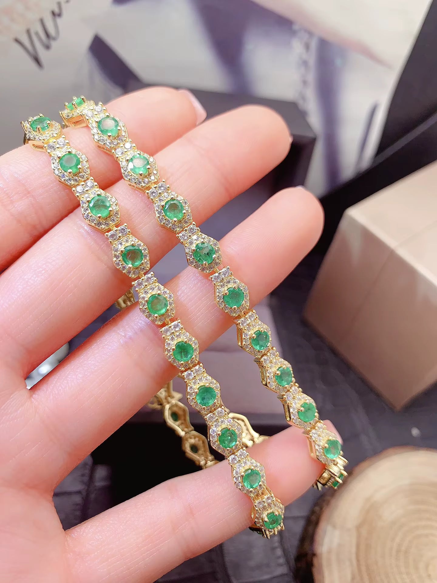 Natural Emerald Tennis Chain Necklace 4mm Gold Plated 925 Sterling Silver