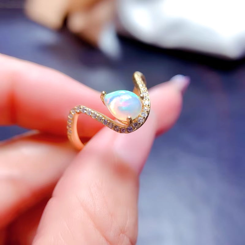 Australian Opal Statement Ring, Natural White Opal Ring Platinum Plated 5x7mm