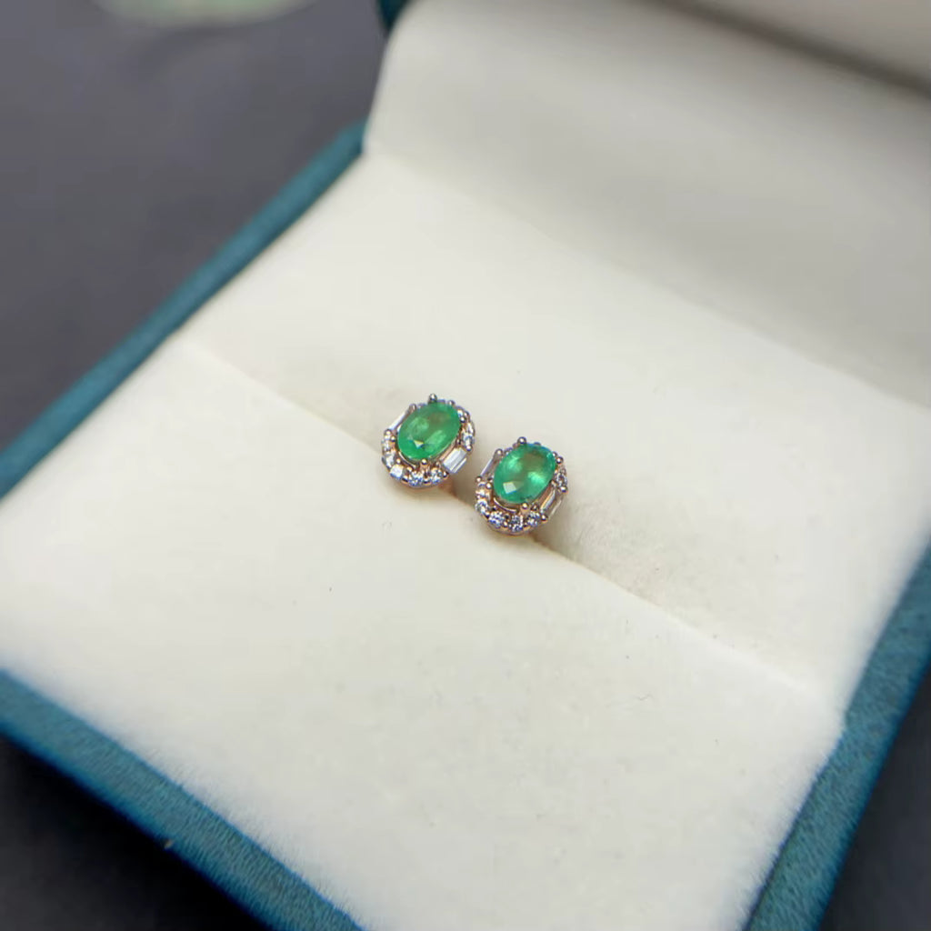 Natural Colombian Emerald Stud Earrings 4x6mm Platinum Plated