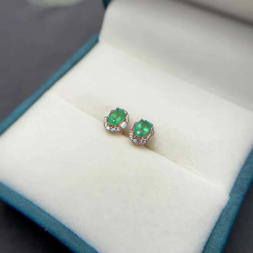 Natural Colombian Emerald Stud Earrings 4x6mm Platinum Plated