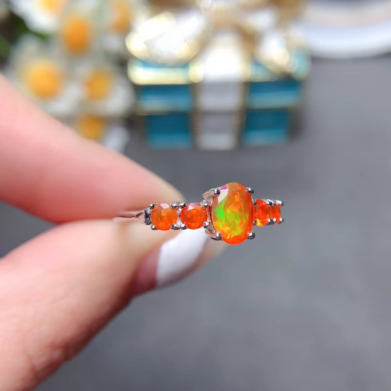 Natural Orange Fire Opal Band Ring 925 Sterling Silver 5x7mm