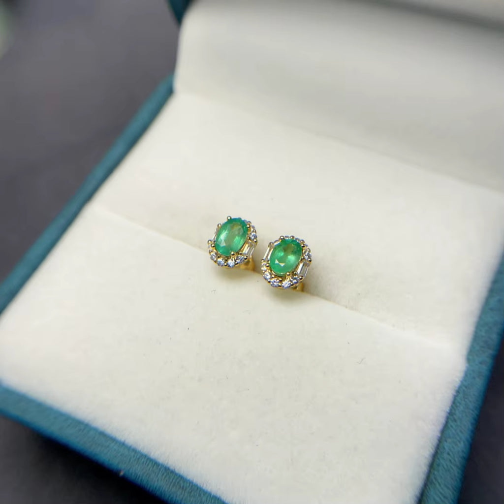 Natural Colombian Emerald Stud Earrings 4x6mm Platinum Plated