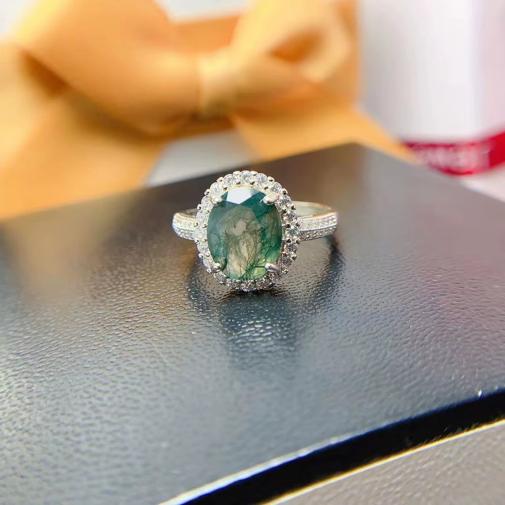 Natural Moss Agate Gemstone Ring 925 Sterling Silver 8x10mm