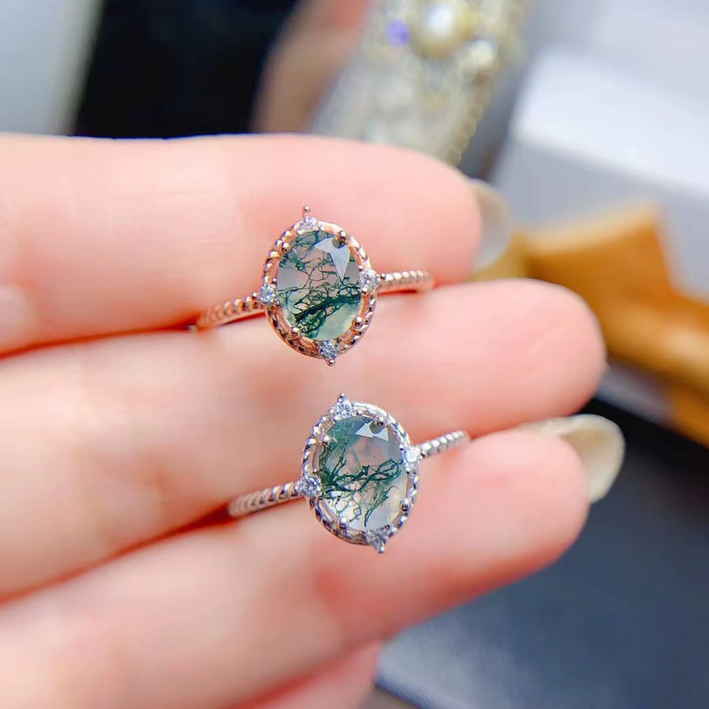 Oval Cut Moss Agate Gemstone Ring 8x10mm 925 Sterling Silver