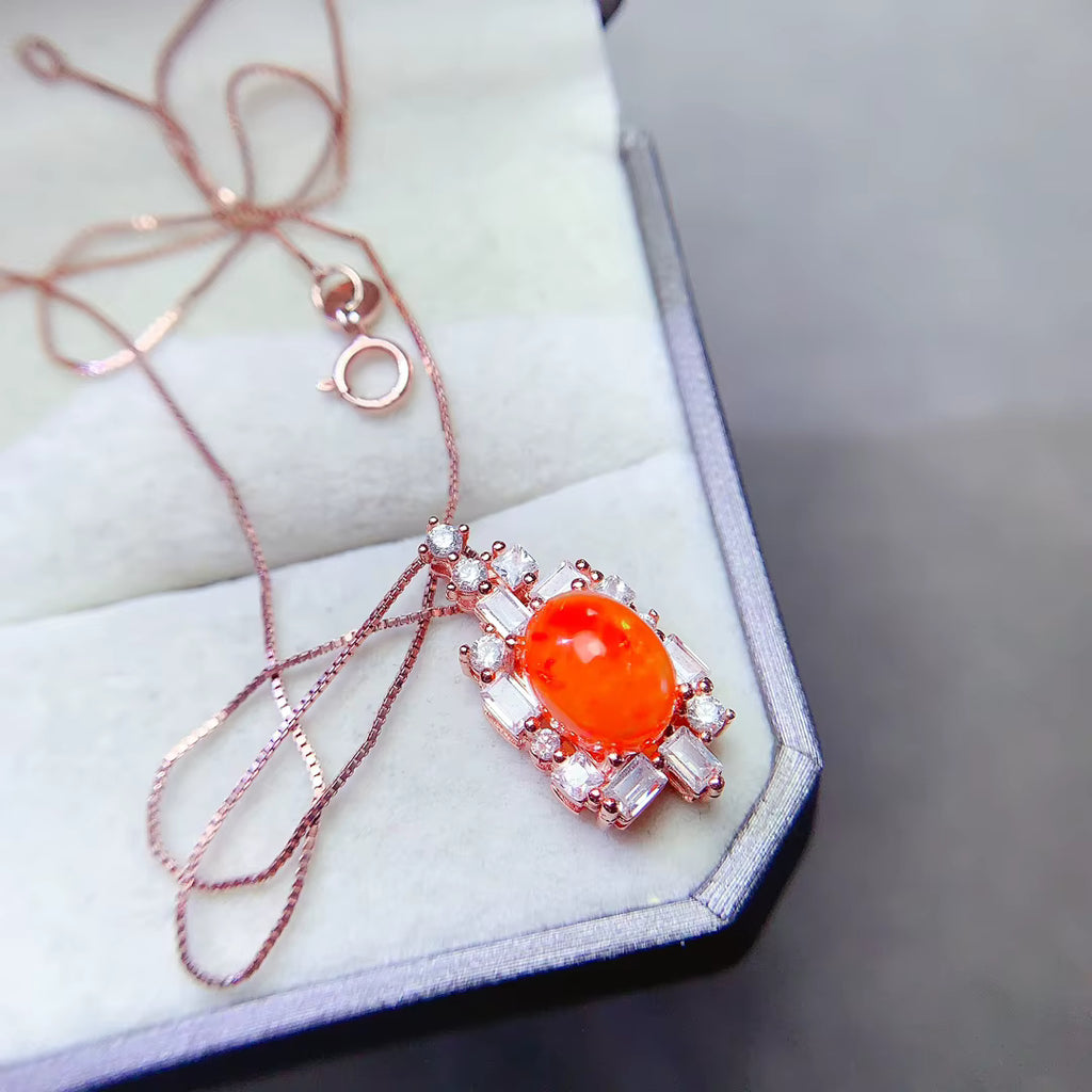 Colorful Orange Fire Opal Necklace, Natural Fire Opal Pendant Necklace 7x9mm