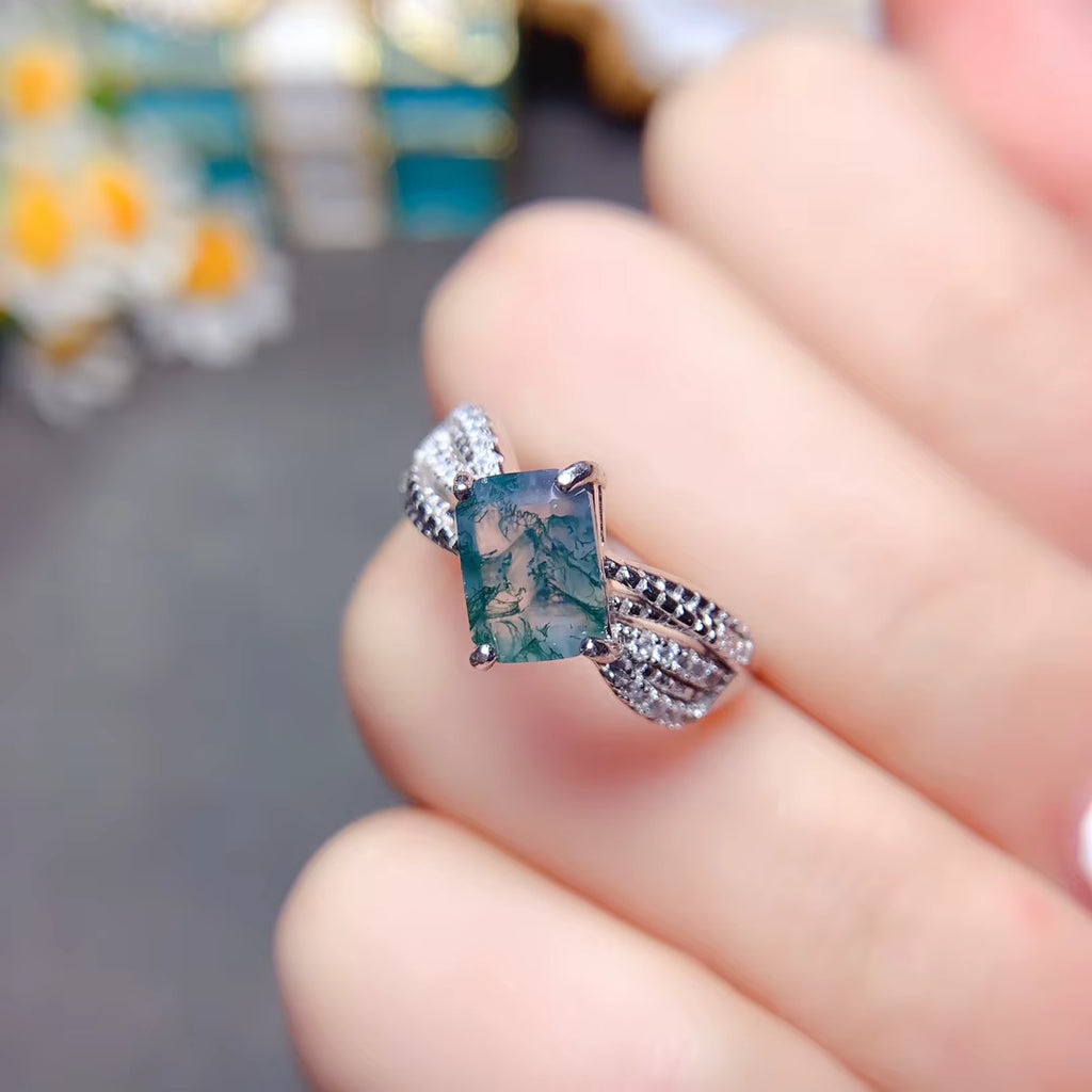 Natural Moss Agate Band Ring 925 Sterling Silver 5x7mm