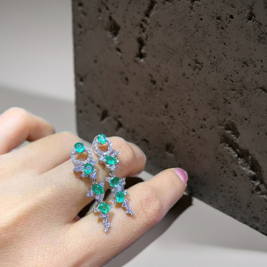 Natural Emerald Dangle Earrings 3x4mm Platinum Plated