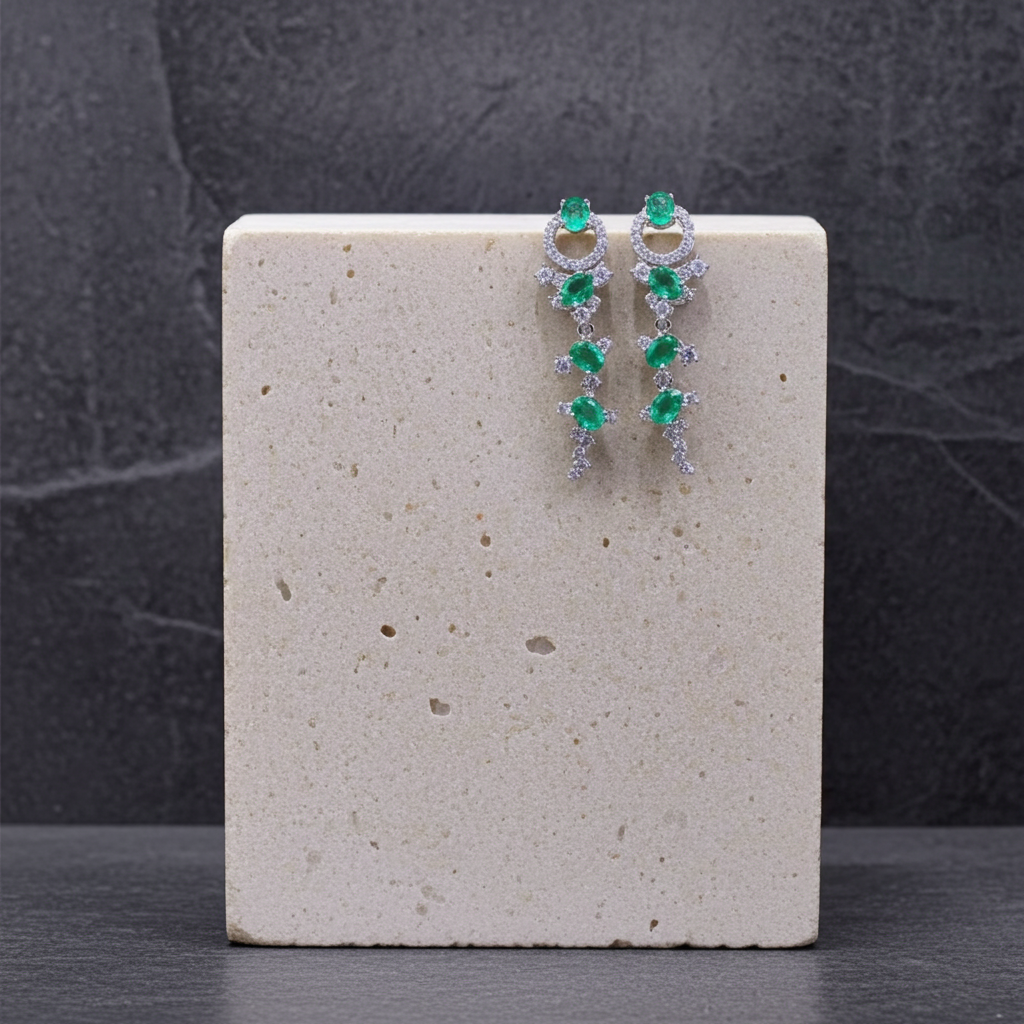 Natural Emerald Dangle Earrings 3x4mm Platinum Plated