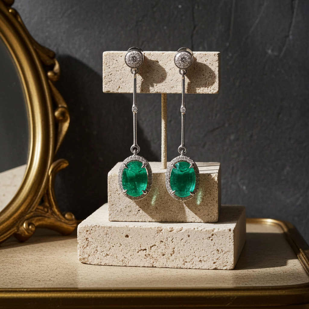 Emerald Drop Dangle Earrings 4x6mm 925 Sterling Silver with Platinum