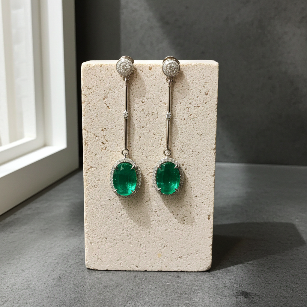 Emerald Drop Dangle Earrings 4x6mm 925 Sterling Silver with Platinum