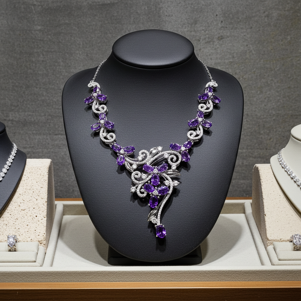 Amethyst Gemstone Flower Statement Necklace 925 Sterling