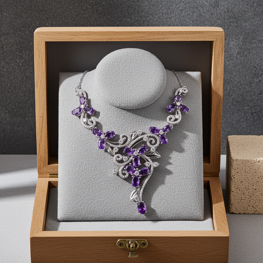 Amethyst Gemstone Flower Statement Necklace 925 Sterling
