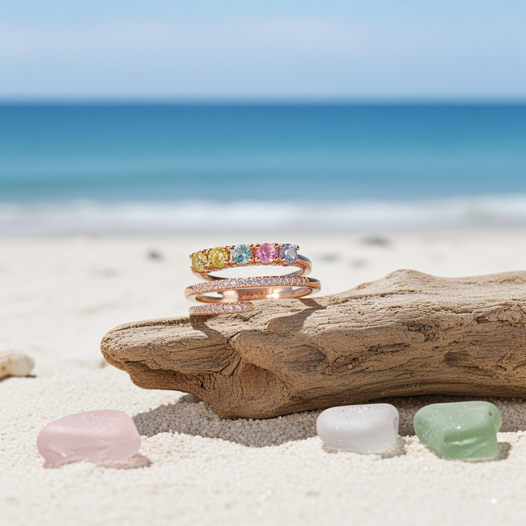 Natural Multi Tourmaline Wrap Ring with 3mm colorful gemstones and cubic zirconia accents in 925 sterling silver with platinum plated finish by PHIMSERA