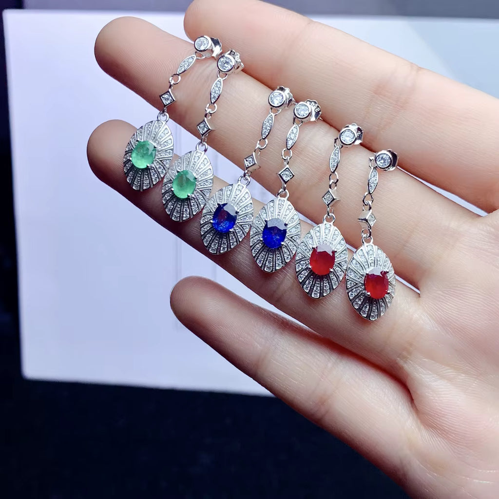Natural Emerald, Sapphire, Or Ruby Drop Dangle Earrings VVS Grade 4x5mm