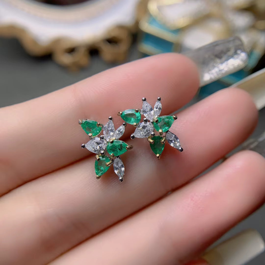 Natural Emerald Pear Cut Cluster Earrings 3x4mm VVS Grade