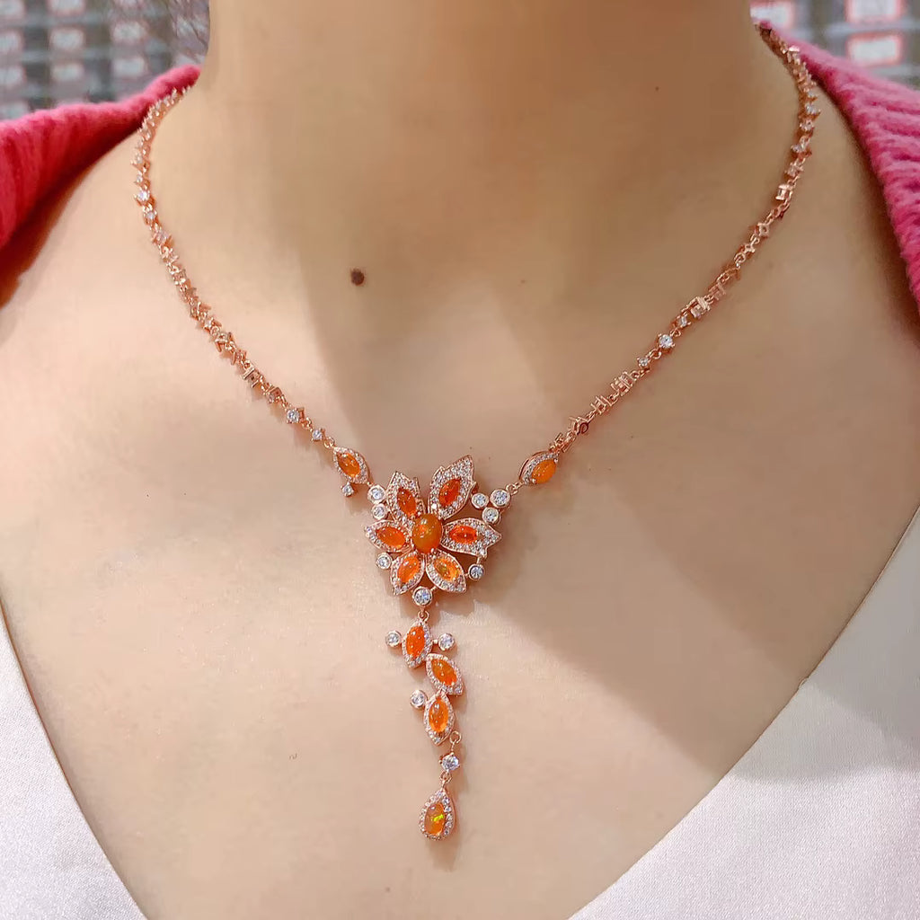 Colorful White or Orange Fire Opal Statement Necklace 3x5mm