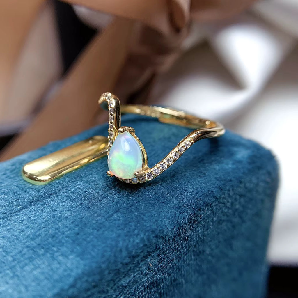 Australian Opal Statement Ring, Natural White Opal Ring Platinum Plated 5x7mm