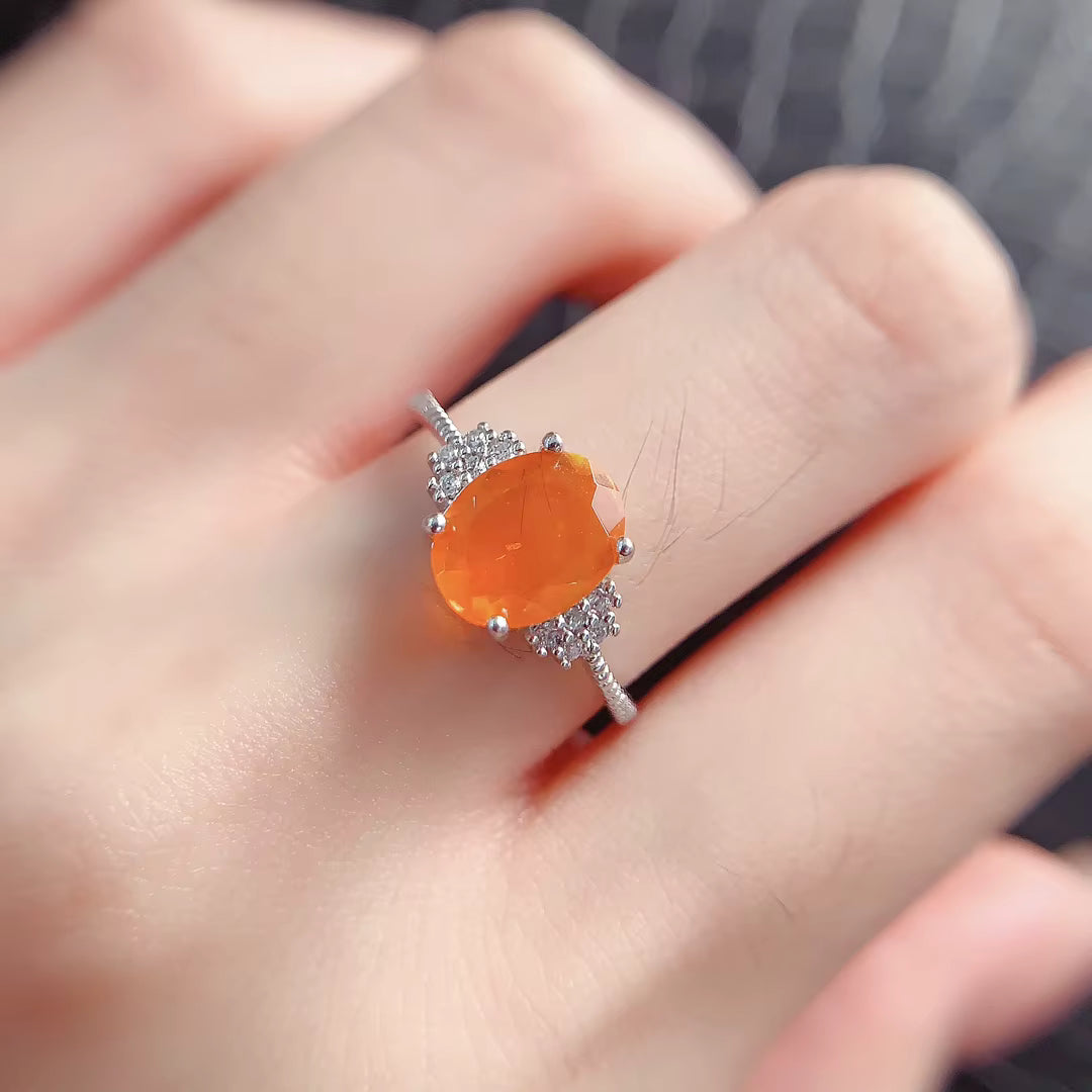 Natural Orange Fire Opal Band Ring 925 Sterling Silver 6x8mm