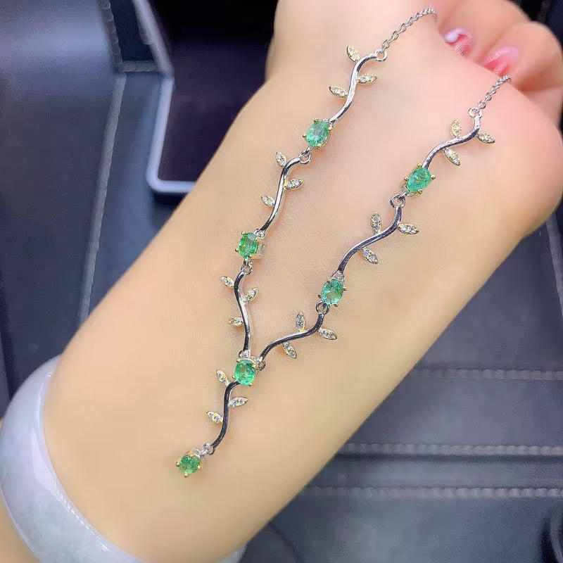 Natural Colombian Emerald Dainty Floral Charm Necklace 3x4mm