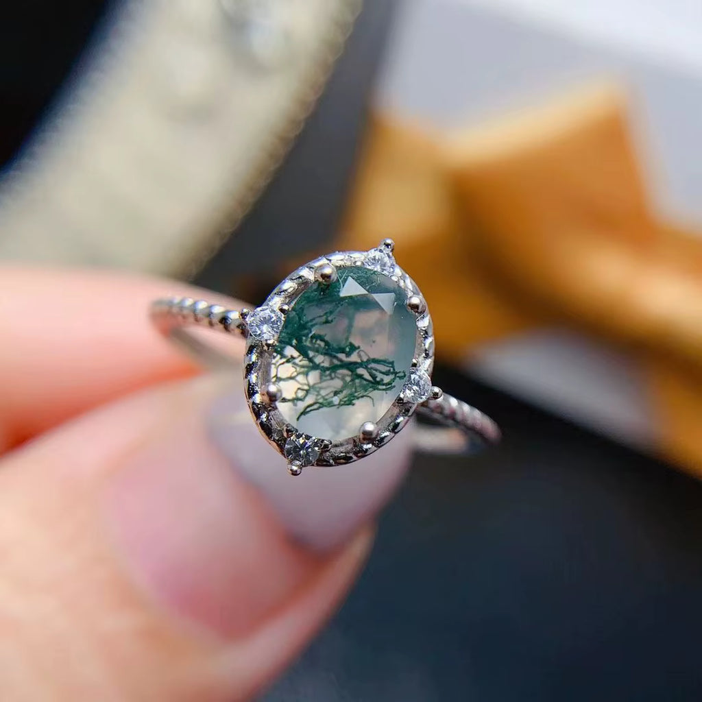 Oval Cut Moss Agate Gemstone Ring 8x10mm 925 Sterling Silver