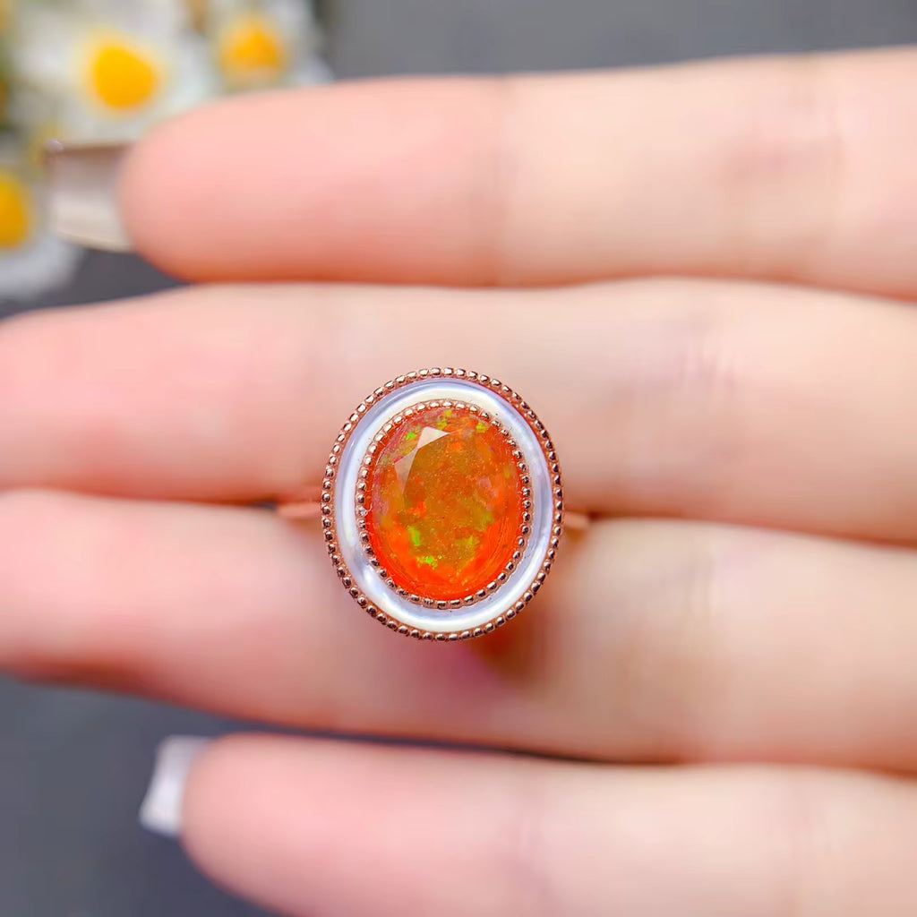 Natural Orange Fire Opal Gemstone Ring 925 Sterling Silver 8x10mm