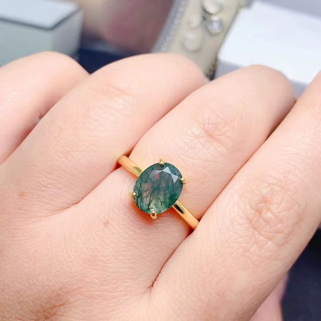 Natural Moss Agate Ring 8x10mm Oval Cut 925 Sterling Silver