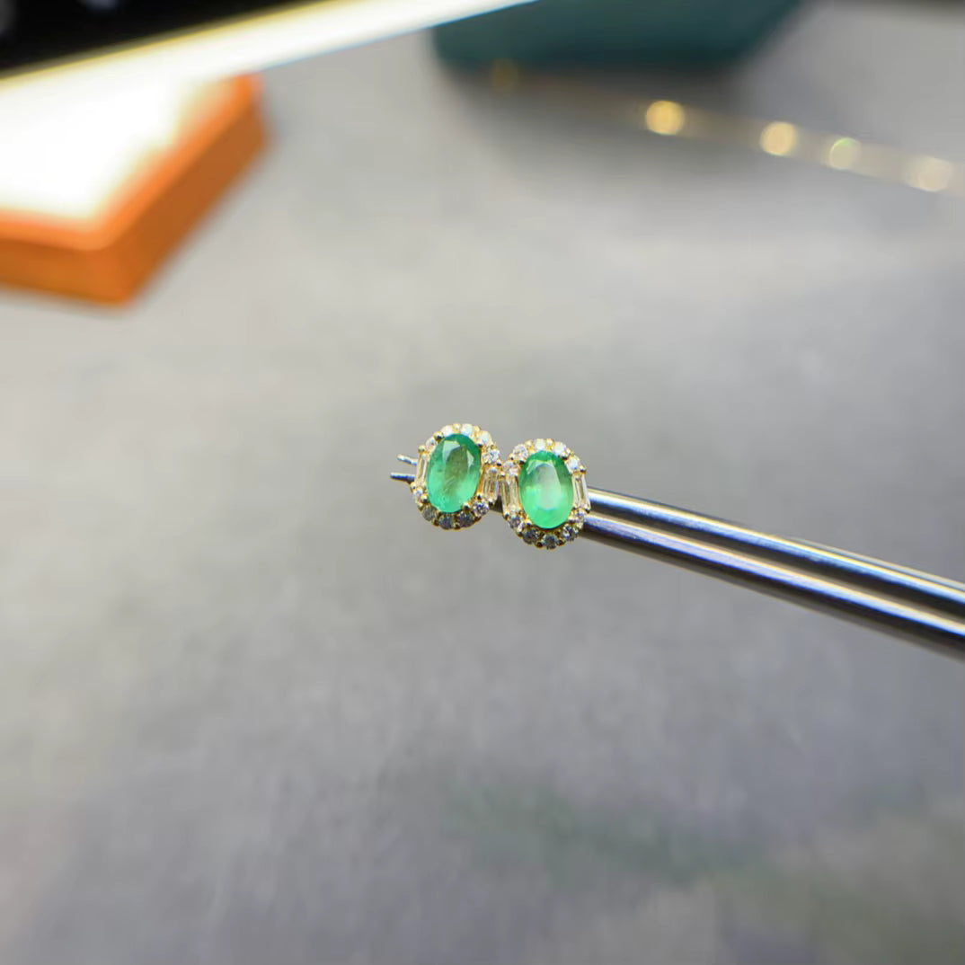 Natural Colombian Emerald Stud Earrings 4x6mm Platinum Plated