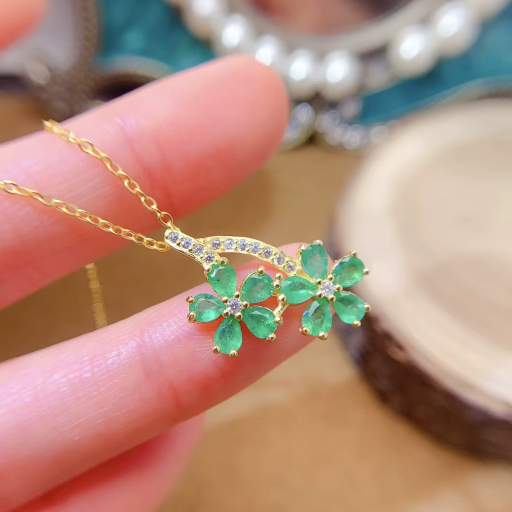 Natural Emerald Flower Pendant Necklace, Natural Emerald Gemstone Necklace