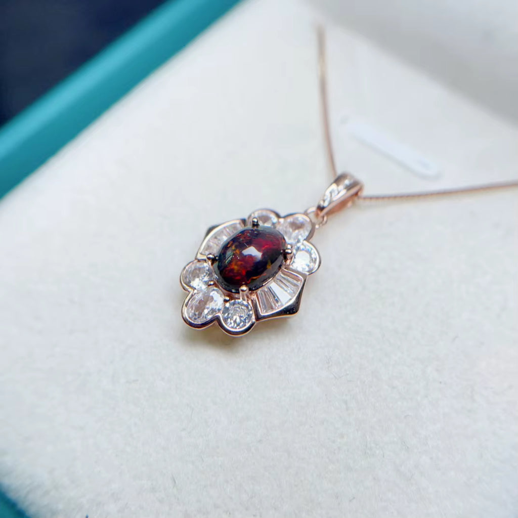 Colorful Black Opal Necklace, Natural Fire Opal Pendant Necklace