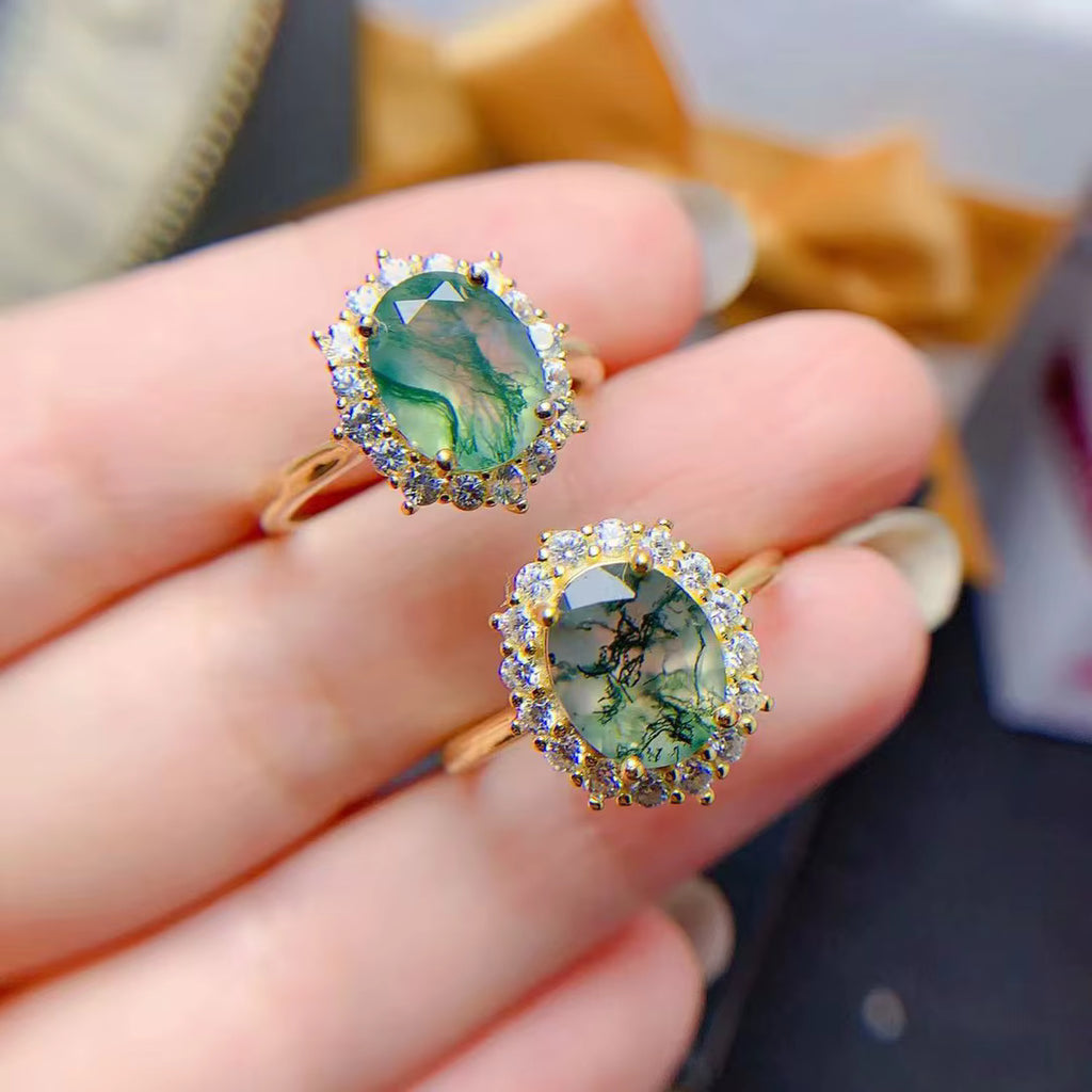 Moss Agate Cluster Ring 8x10mm 925 Sterling Silver