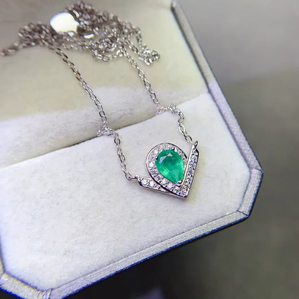 Natural Emerald Teardrop Pendant Necklace 5x7mm