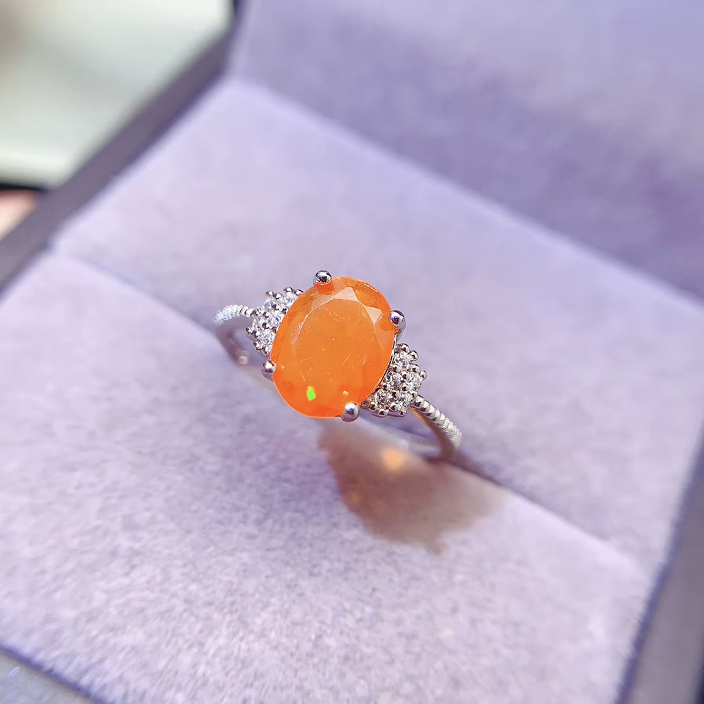 Natural Orange Fire Opal Band Ring 925 Sterling Silver 6x8mm